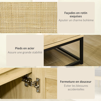 Low buffet storage cabinet in bohemian style with 2 woven rattan doors - adjustable height shelf - 80 x 40 x 80 cm natural wood