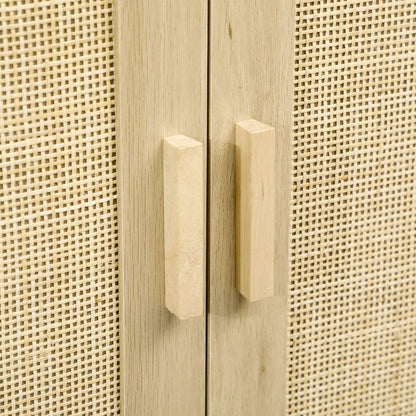Low buffet storage cabinet in bohemian style with 2 woven rattan doors - adjustable height shelf - 80 x 40 x 80 cm natural wood