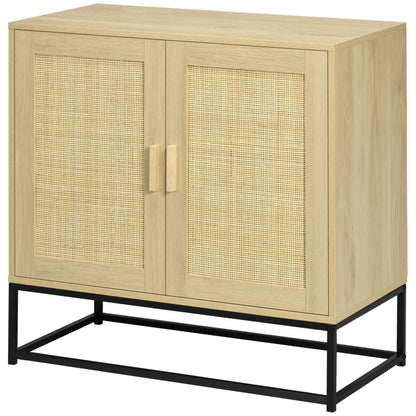 Low buffet storage cabinet in bohemian style with 2 woven rattan doors - adjustable height shelf - 80 x 40 x 80 cm natural wood