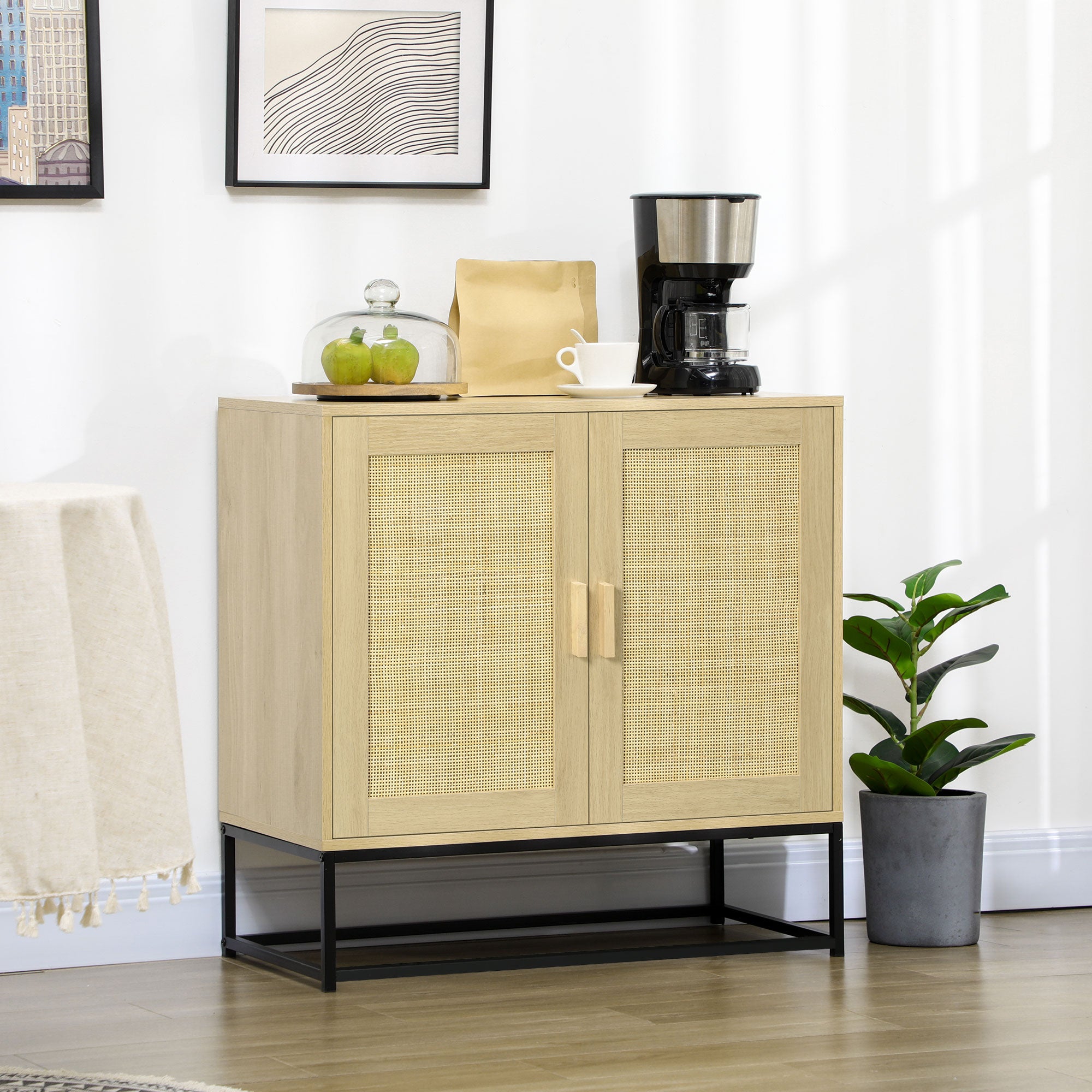 Low buffet storage cabinet in bohemian style with 2 woven rattan doors - adjustable height shelf - 80 x 40 x 80 cm natural wood