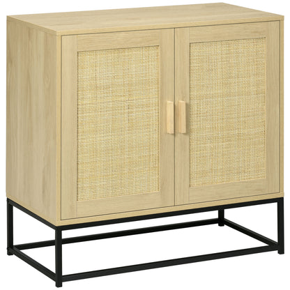 Low buffet storage cabinet in bohemian style with 2 woven rattan doors - adjustable height shelf - 80 x 40 x 80 cm natural wood