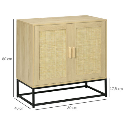 Low buffet storage cabinet in bohemian style with 2 woven rattan doors - adjustable height shelf - 80 x 40 x 80 cm natural wood
