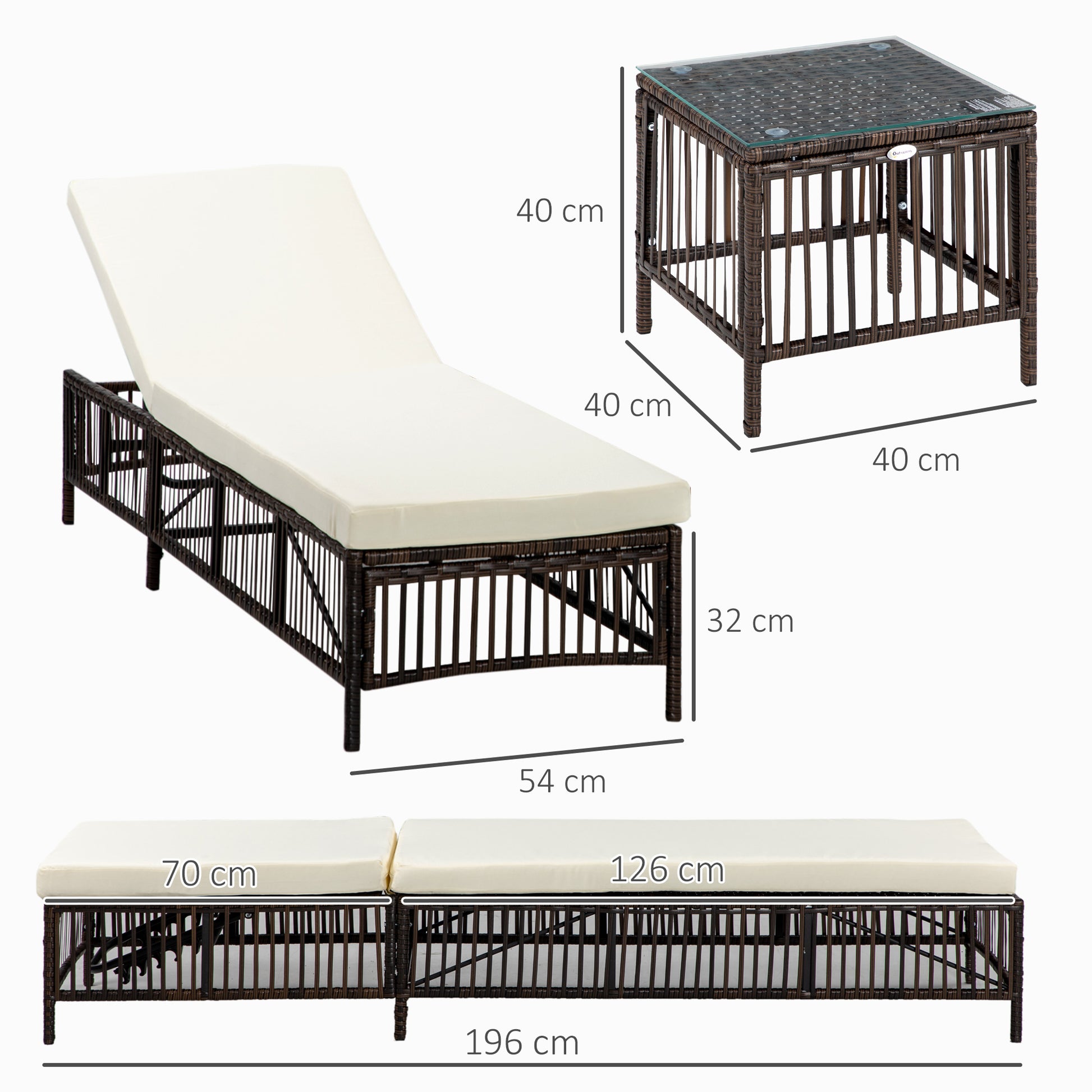 Set of 2 Rattan Sun Loungers Garden Sun Loungers with Adjustable Backrest in 5 Levels and Cushions 196x54x32 cm Brown