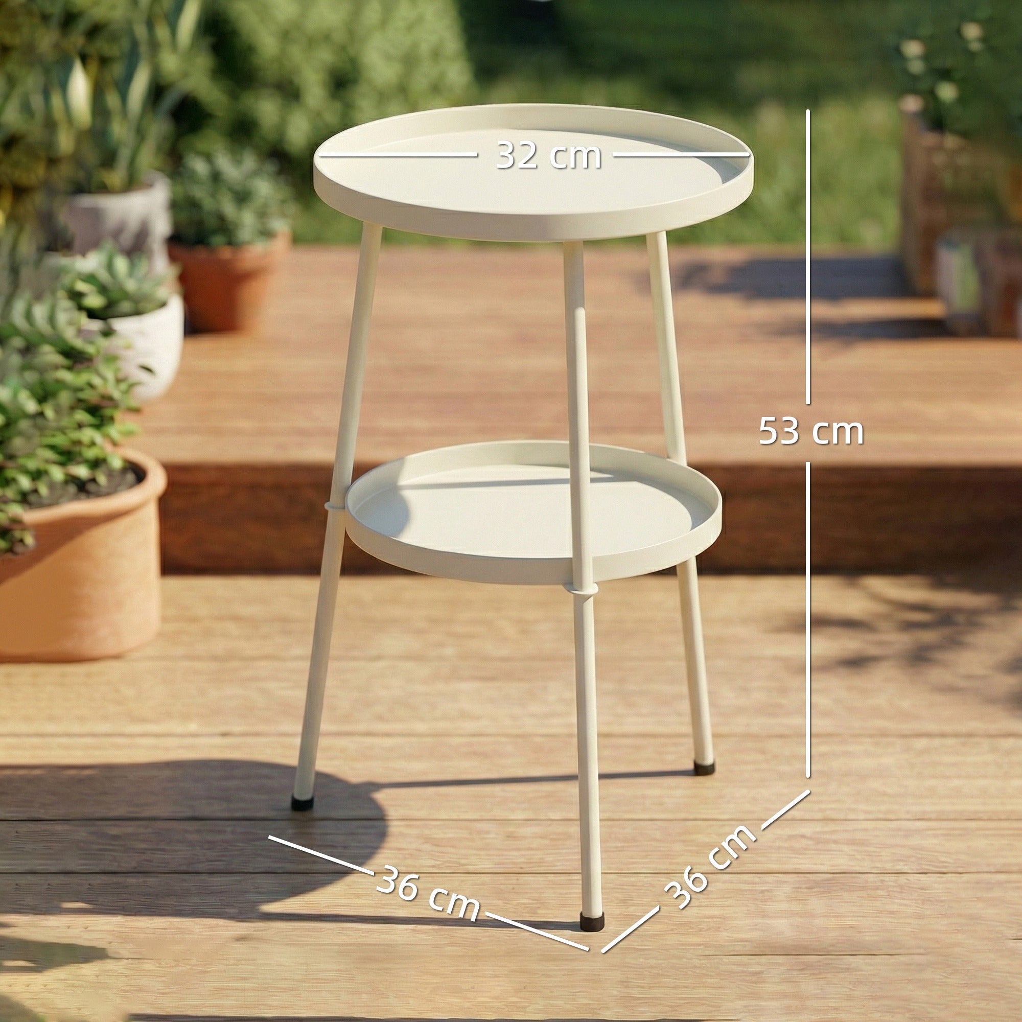 Round Patio Side Table Ø36 cm (14.2 in) – Metal Balcony & Camping Table, Cream White