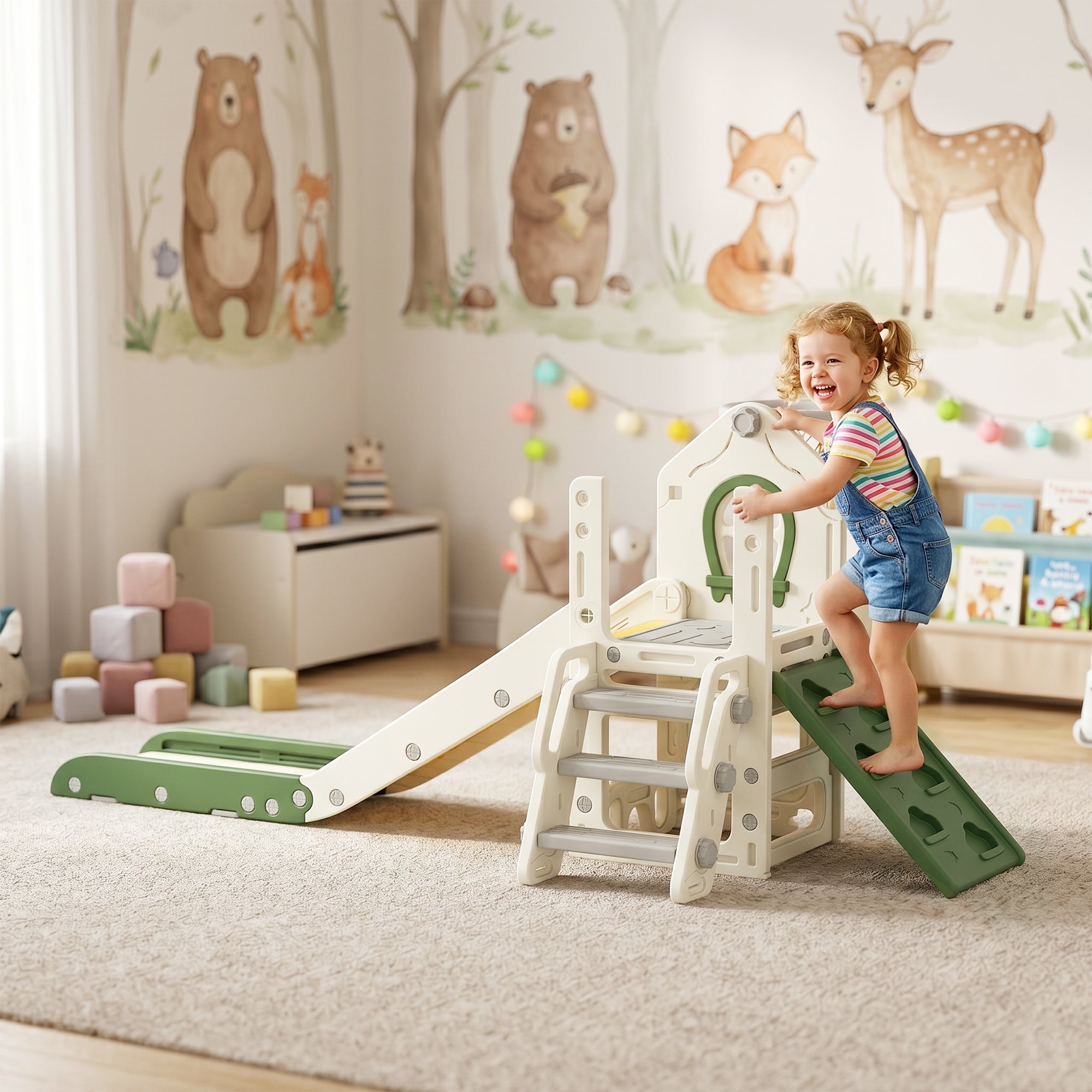 Foldable 4-in-1 Toddler Slide — Slide with Climber, Basketball Hoop & Ball, Storage Basket; Easy to Assemble & Clean, Indoor, Ages 1–3, Cream