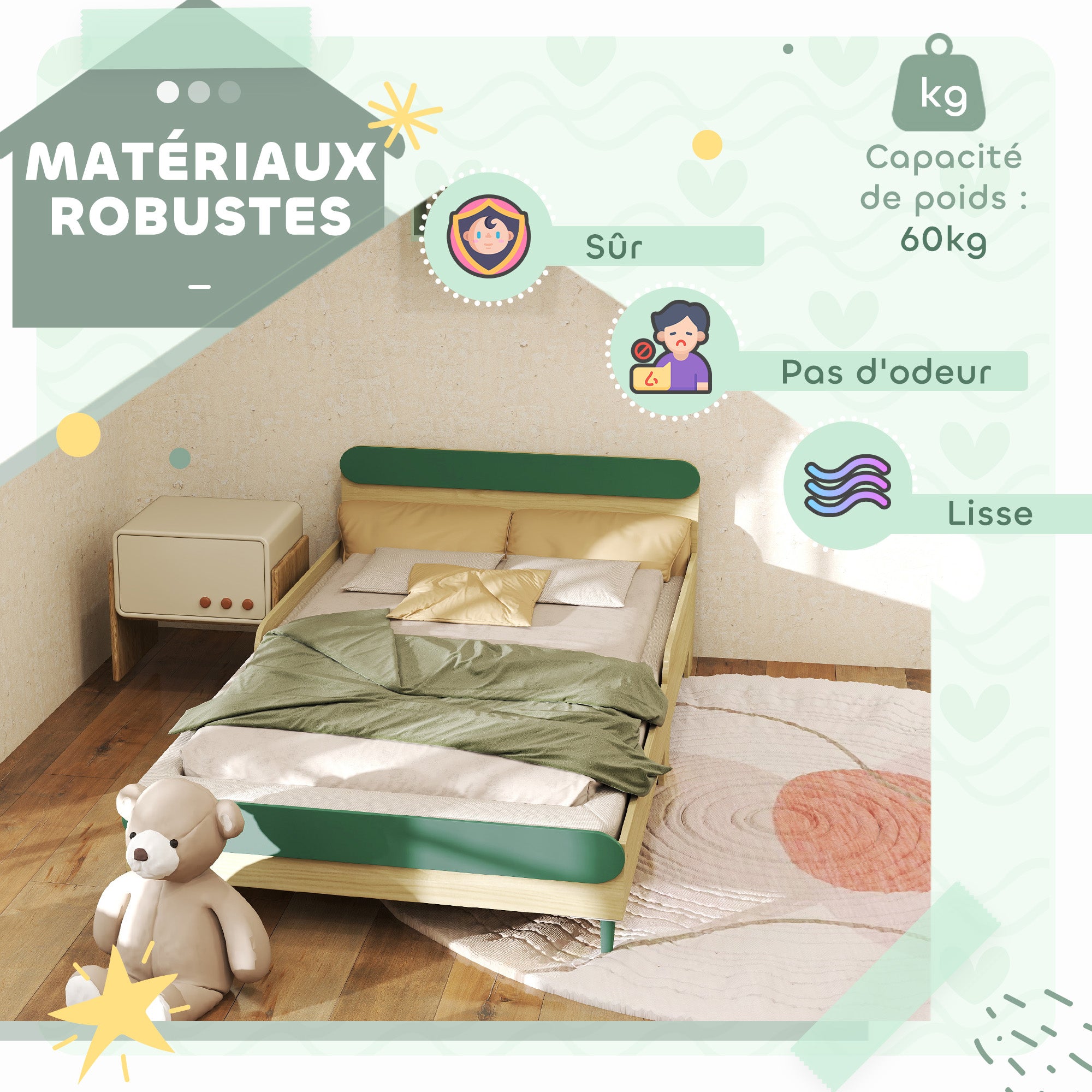 Children's Floor Bed 90x190 cm with Safety Barrier, Slatted Base Included, for Boys and Girls aged 3-10 - Green