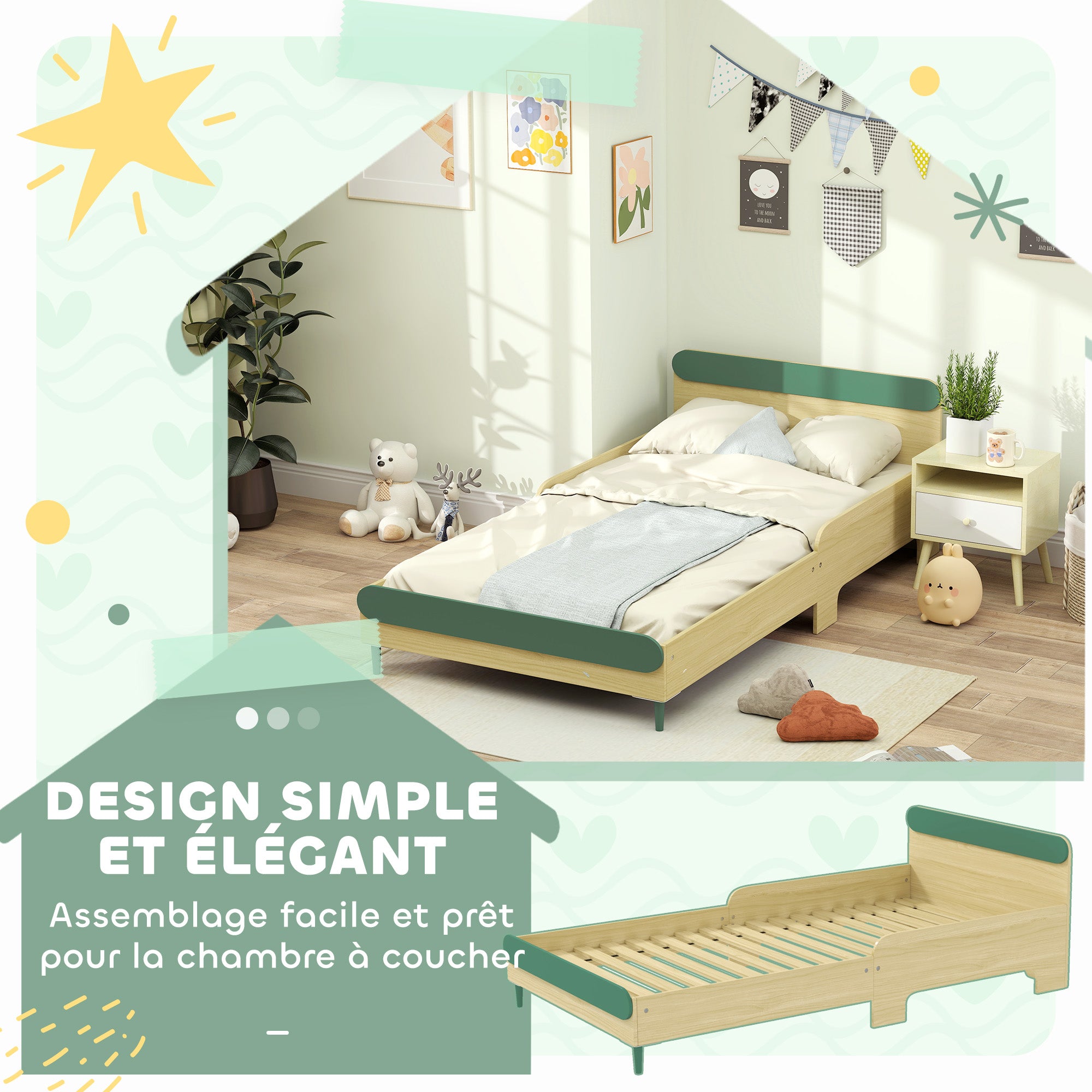 Children's Floor Bed 90x190 cm with Safety Barrier, Slatted Base Included, for Boys and Girls aged 3-10 - Green