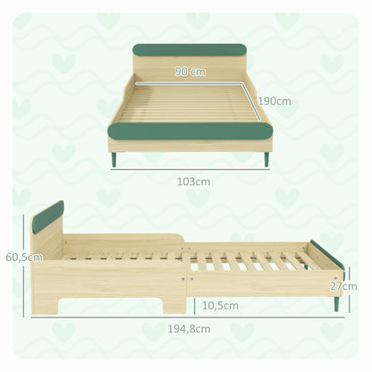 Children's Floor Bed 90x190 cm with Safety Barrier, Slatted Base Included, for Boys and Girls aged 3-10 - Green