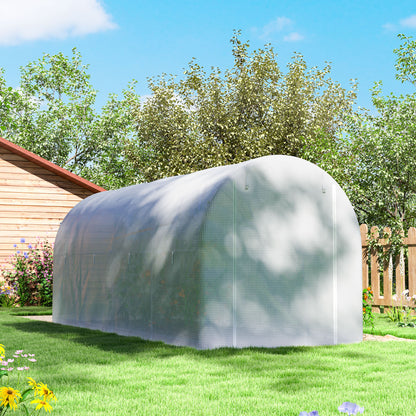 Garden Tunnel Greenhouse 500x200x205 cm Greenhouse with Roll-Up Door and 8 Windows PE Cover 140 g/m² Metal Frame for Plant Vegetable Cultivation White