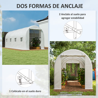 Garden Tunnel Greenhouse 500x200x205 cm Greenhouse with Roll-Up Door and 8 Windows PE Cover 140 g/m² Metal Frame for Plant Vegetable Cultivation White