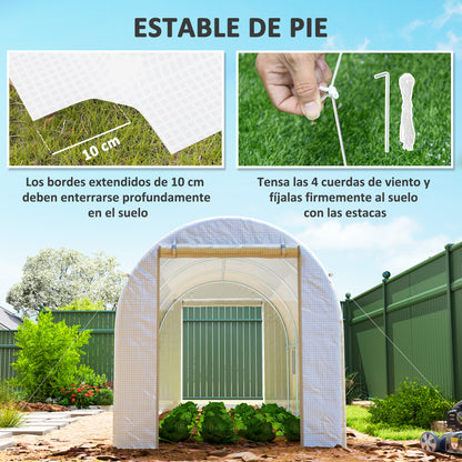 Garden Tunnel Greenhouse 500x200x205 cm Greenhouse with Roll-Up Door and 8 Windows PE Cover 140 g/m² Metal Frame for Plant Vegetable Cultivation White