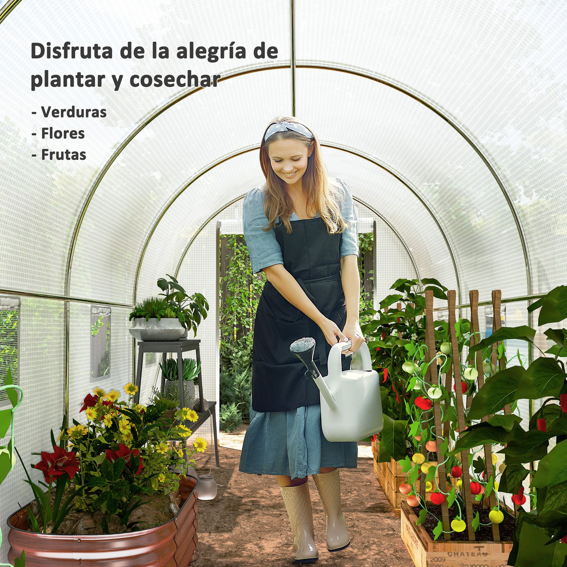 Garden Tunnel Greenhouse 500x200x205 cm Greenhouse with Roll-Up Door and 8 Windows PE Cover 140 g/m² Metal Frame for Plant Vegetable Cultivation White