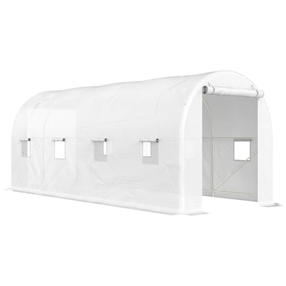 Garden Tunnel Greenhouse 500x200x205 cm Greenhouse with Roll-Up Door and 8 Windows PE Cover 140 g/m² Metal Frame for Plant Vegetable Cultivation White