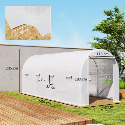 Garden Tunnel Greenhouse 500x200x205 cm Greenhouse with Roll-Up Door and 8 Windows PE Cover 140 g/m² Metal Frame for Plant Vegetable Cultivation White