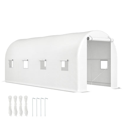 Garden Tunnel Greenhouse 500x200x205 cm Greenhouse with Roll-Up Door and 8 Windows PE Cover 140 g/m² Metal Frame for Plant Vegetable Cultivation White
