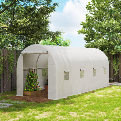 Garden Tunnel Greenhouse 500x200x205 cm Greenhouse with Roll-Up Door and 8 Windows PE Cover 140 g/m² Metal Frame for Plant Vegetable Cultivation White