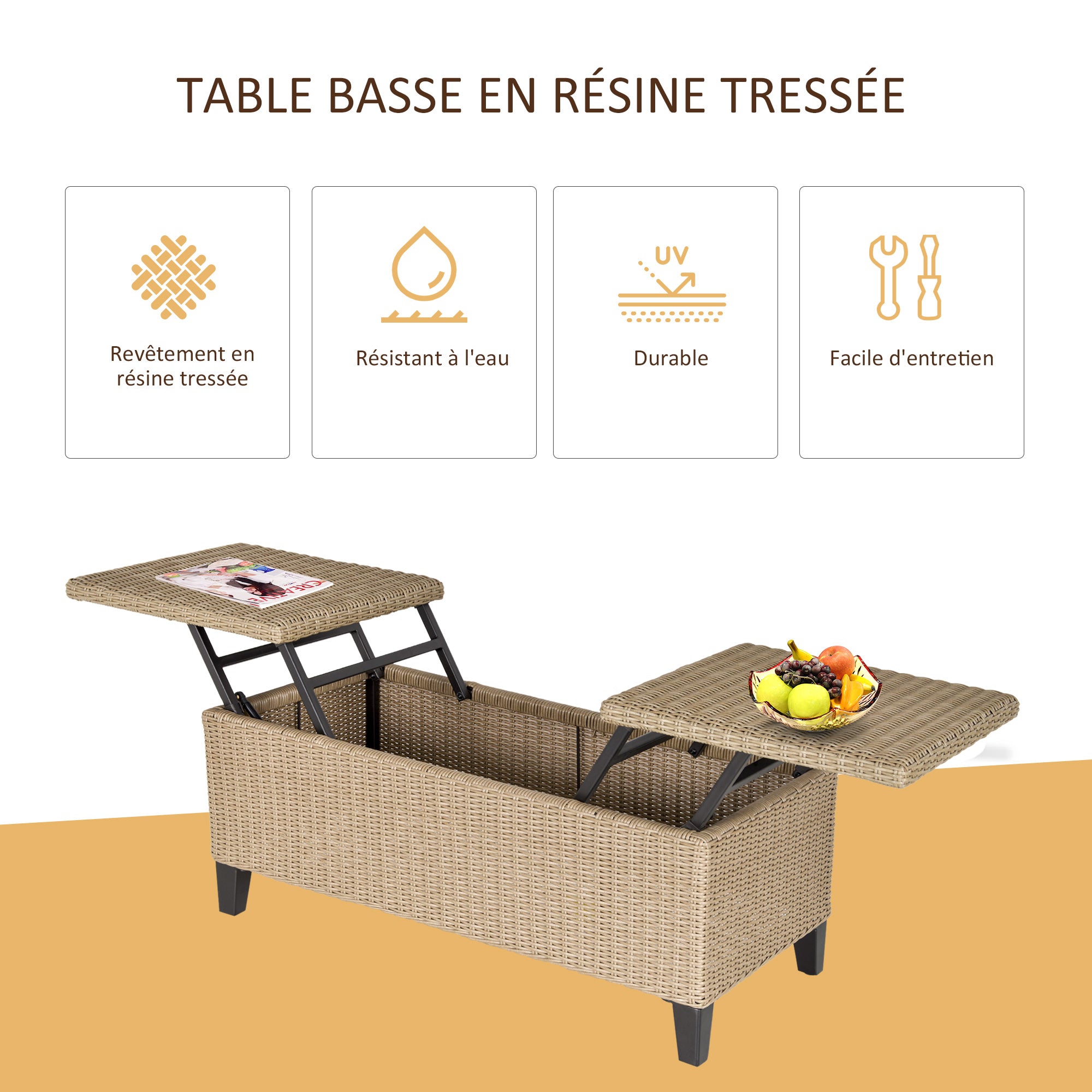 Cosy Chic Style Garden Coffee Table - Lift-Top Coffee Table - Epoxy Metal Synthetic Rattan Resin Beige