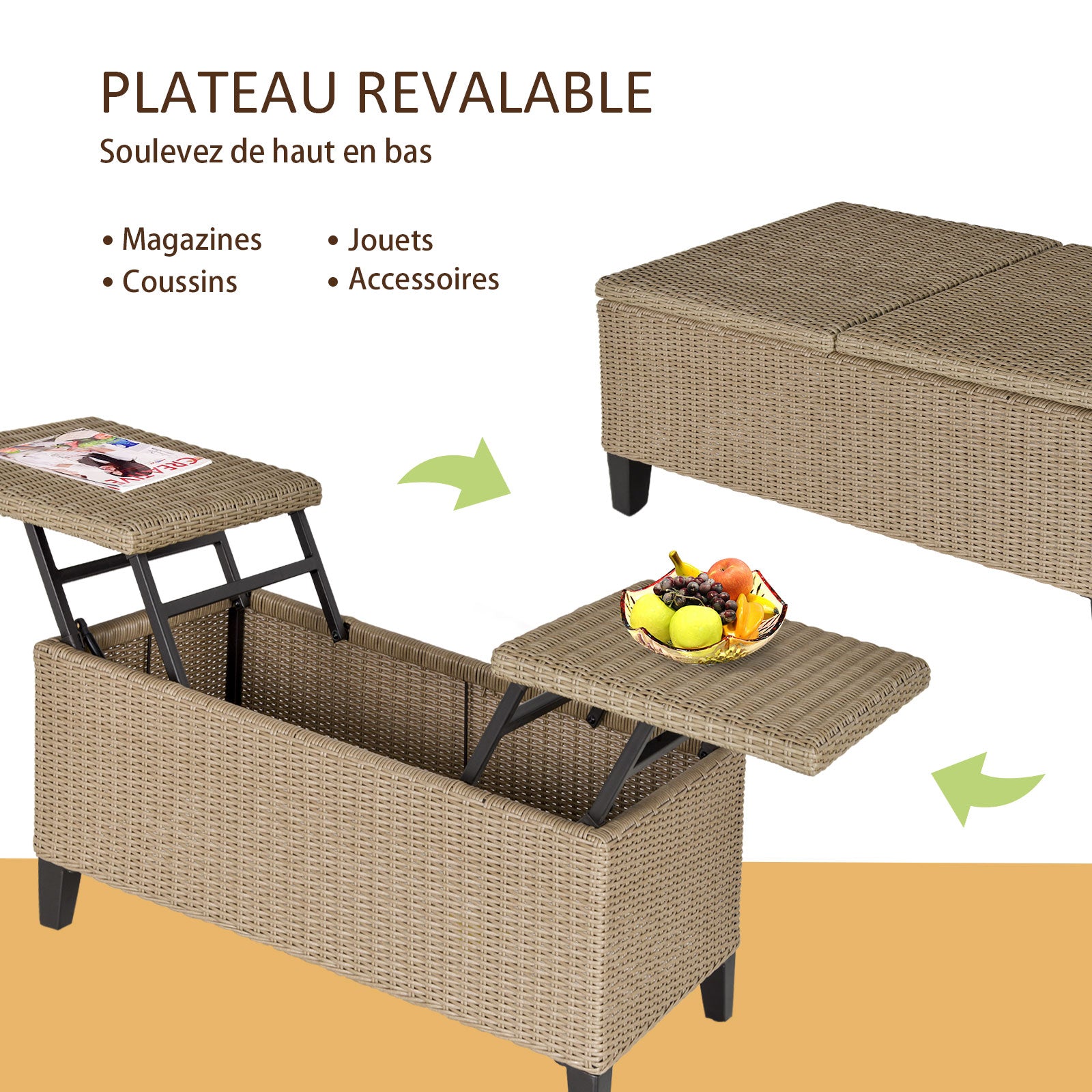 Cosy Chic Style Garden Coffee Table - Lift-Top Coffee Table - Epoxy Metal Synthetic Rattan Resin Beige