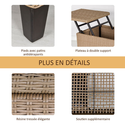 Cosy Chic Style Garden Coffee Table - Lift-Top Coffee Table - Epoxy Metal Synthetic Rattan Resin Beige