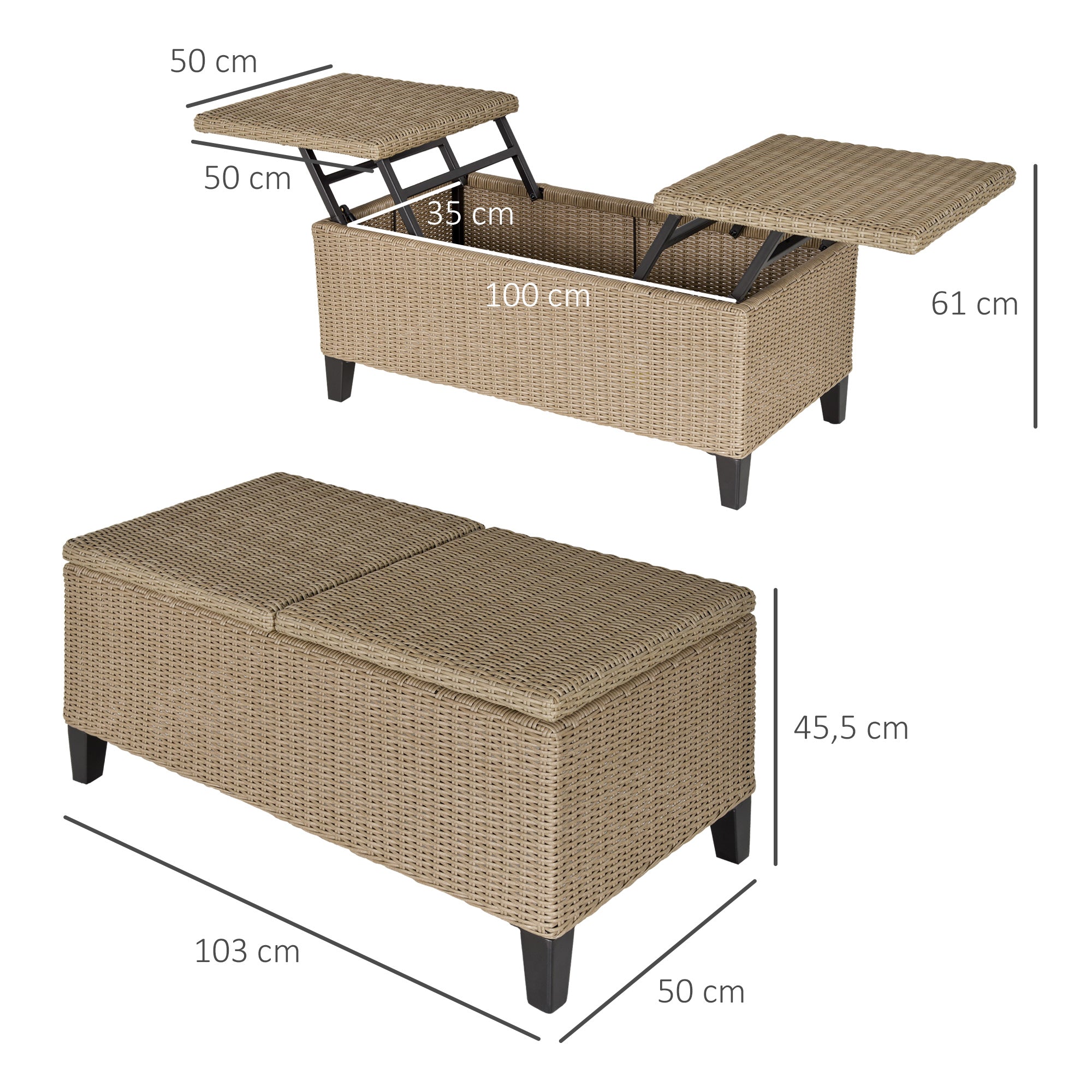 Cosy Chic Style Garden Coffee Table - Lift-Top Coffee Table - Epoxy Metal Synthetic Rattan Resin Beige
