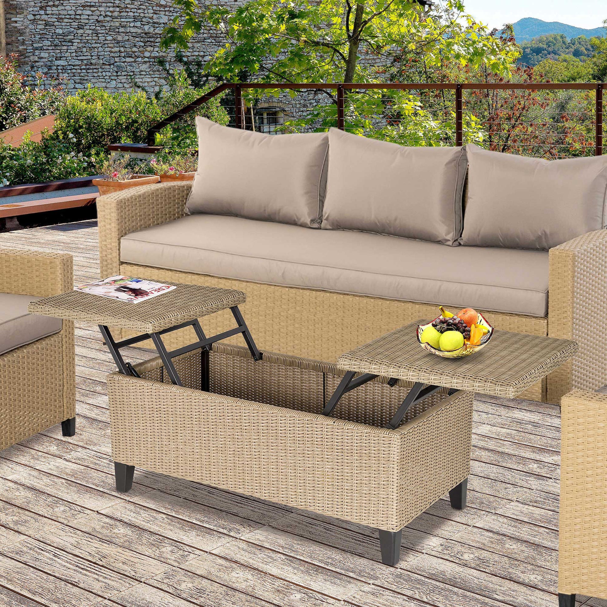Cosy Chic Style Garden Coffee Table - Lift-Top Coffee Table - Epoxy Metal Synthetic Rattan Resin Beige