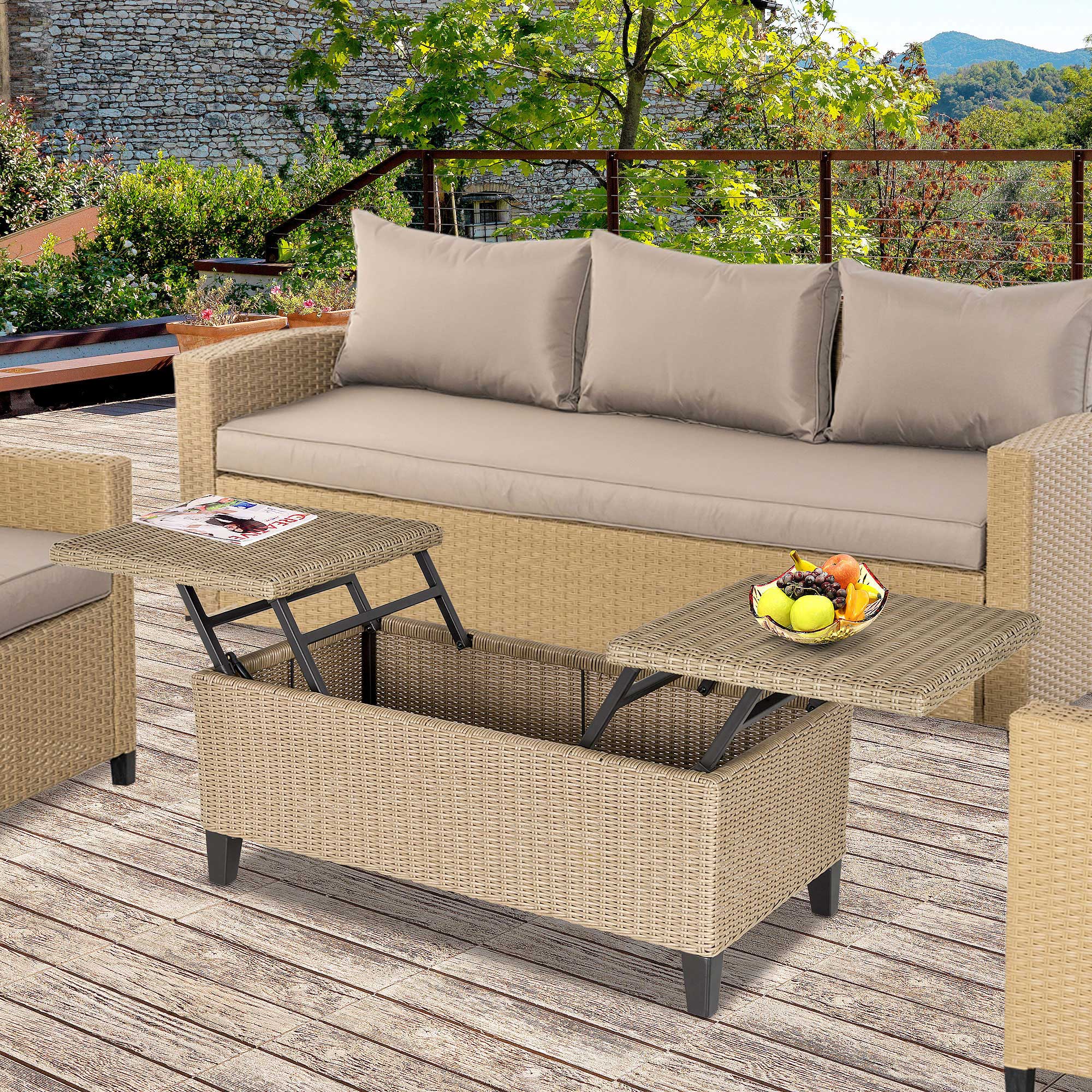 Cosy Chic Style Garden Coffee Table - Lift-Top Coffee Table - Epoxy Metal Synthetic Rattan Resin Beige