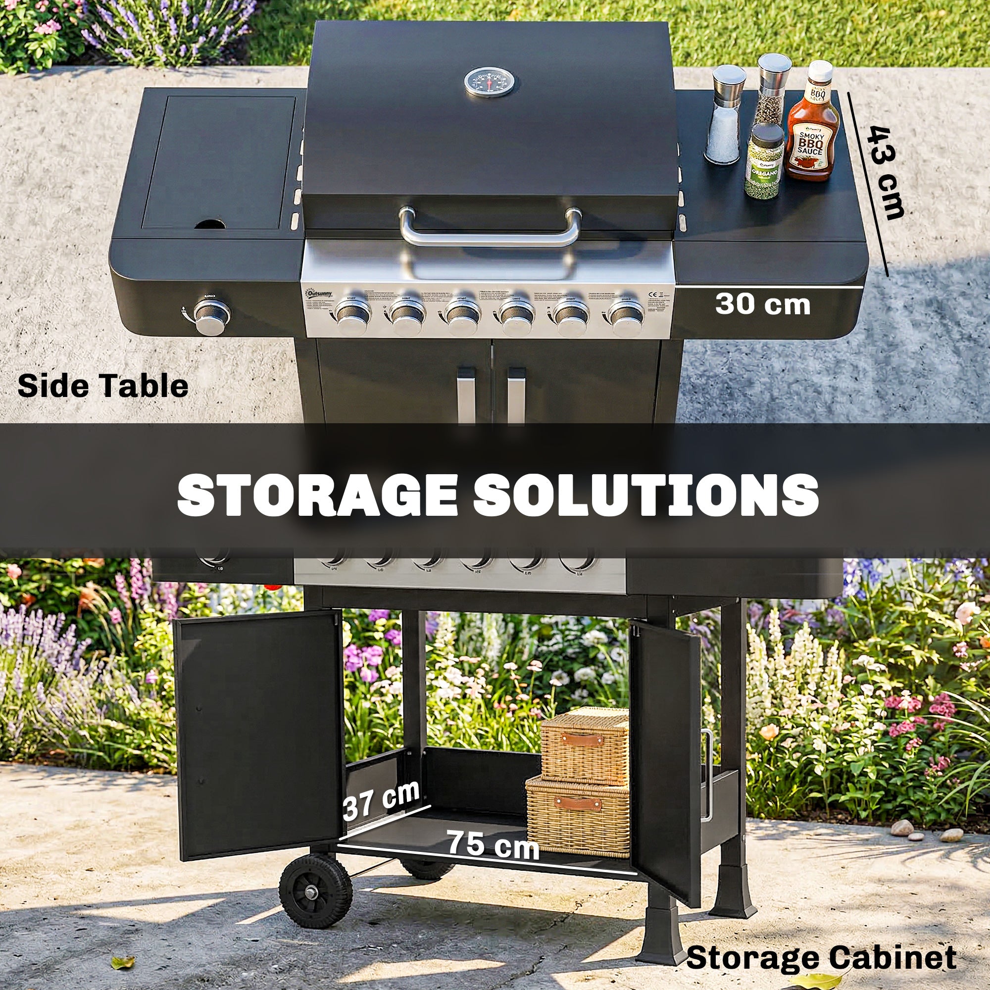 17.8 kW (≈60,700 BTU) 6+1-Burner Stainless Steel Gas Grill Cart with Side Burner, Thermometer, Enamel Grates, Warming Rack, Side Table & Cabinet — Ideal for Balcony & BBQ Parties