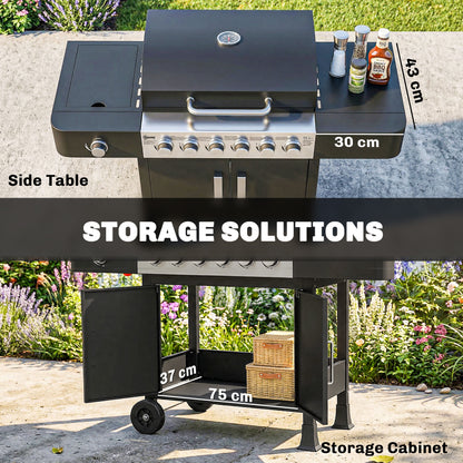 17.8 kW (≈60,700 BTU) 6+1-Burner Stainless Steel Gas Grill Cart with Side Burner, Thermometer, Enamel Grates, Warming Rack, Side Table & Cabinet — Ideal for Balcony & BBQ Parties