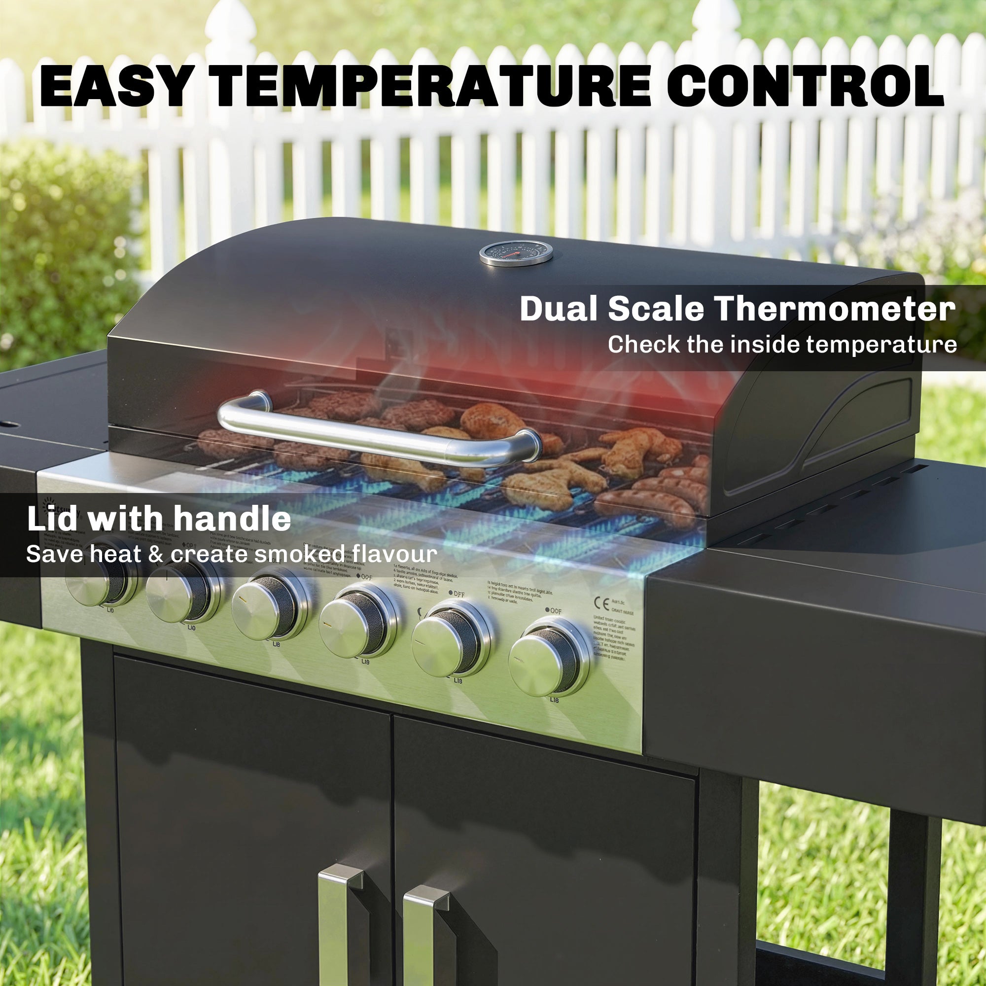 17.8 kW (≈60,700 BTU) 6+1-Burner Stainless Steel Gas Grill Cart with Side Burner, Thermometer, Enamel Grates, Warming Rack, Side Table & Cabinet — Ideal for Balcony & BBQ Parties