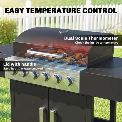 17.8 kW (≈60,700 BTU) 6+1-Burner Stainless Steel Gas Grill Cart with Side Burner, Thermometer, Enamel Grates, Warming Rack, Side Table & Cabinet — Ideal for Balcony & BBQ Parties