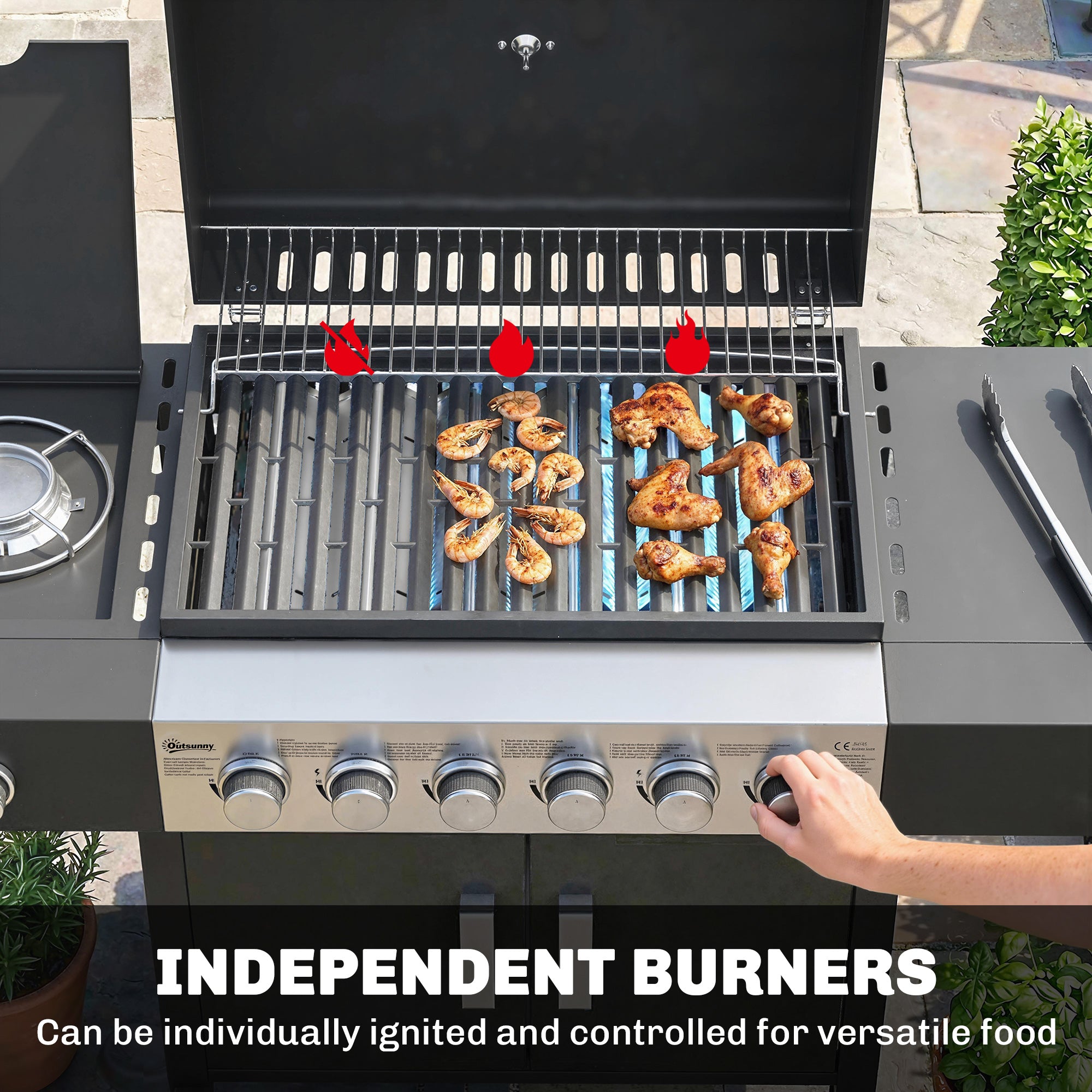 17.8 kW (≈60,700 BTU) 6+1-Burner Stainless Steel Gas Grill Cart with Side Burner, Thermometer, Enamel Grates, Warming Rack, Side Table & Cabinet — Ideal for Balcony & BBQ Parties