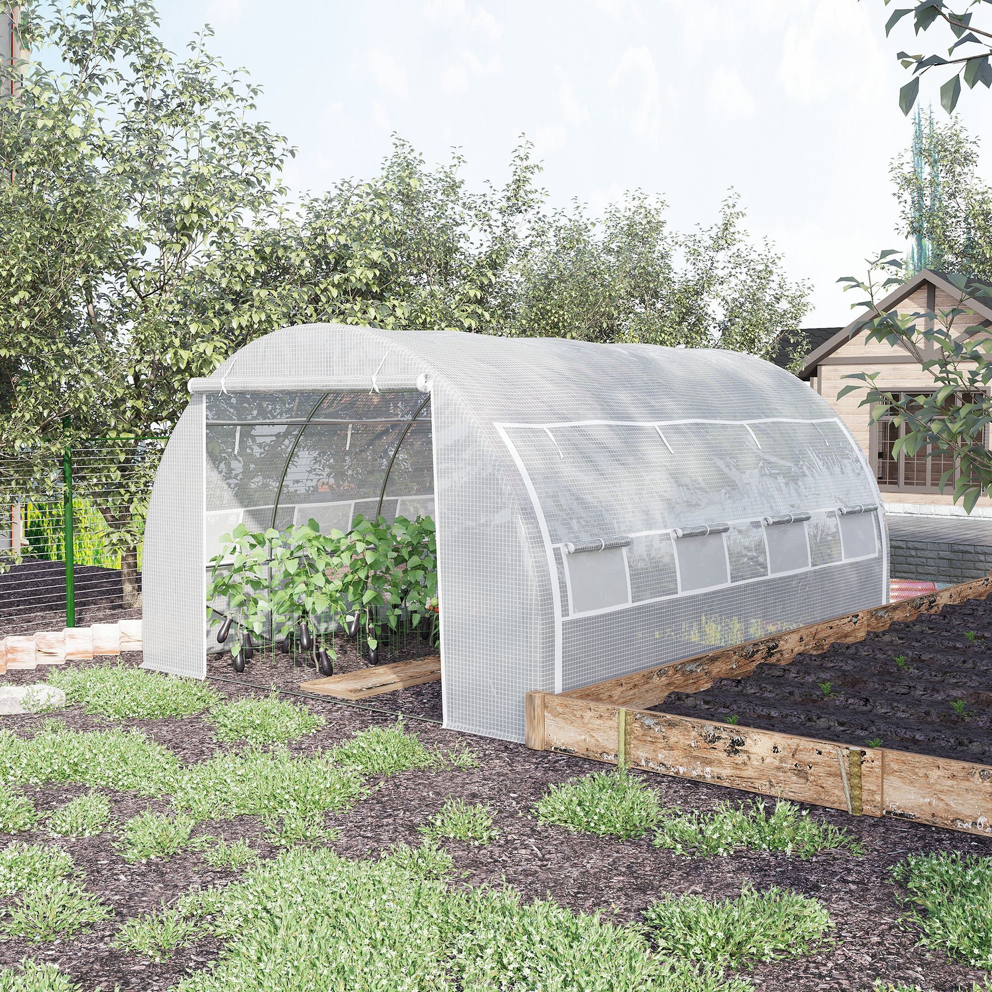 Poly Tunnel Greenhouse 4 x 3 x 2 m Walk-in Greenhouse with Roll-Up Covers Polytunnel Greenhouse UV Protection Steel Frame White
