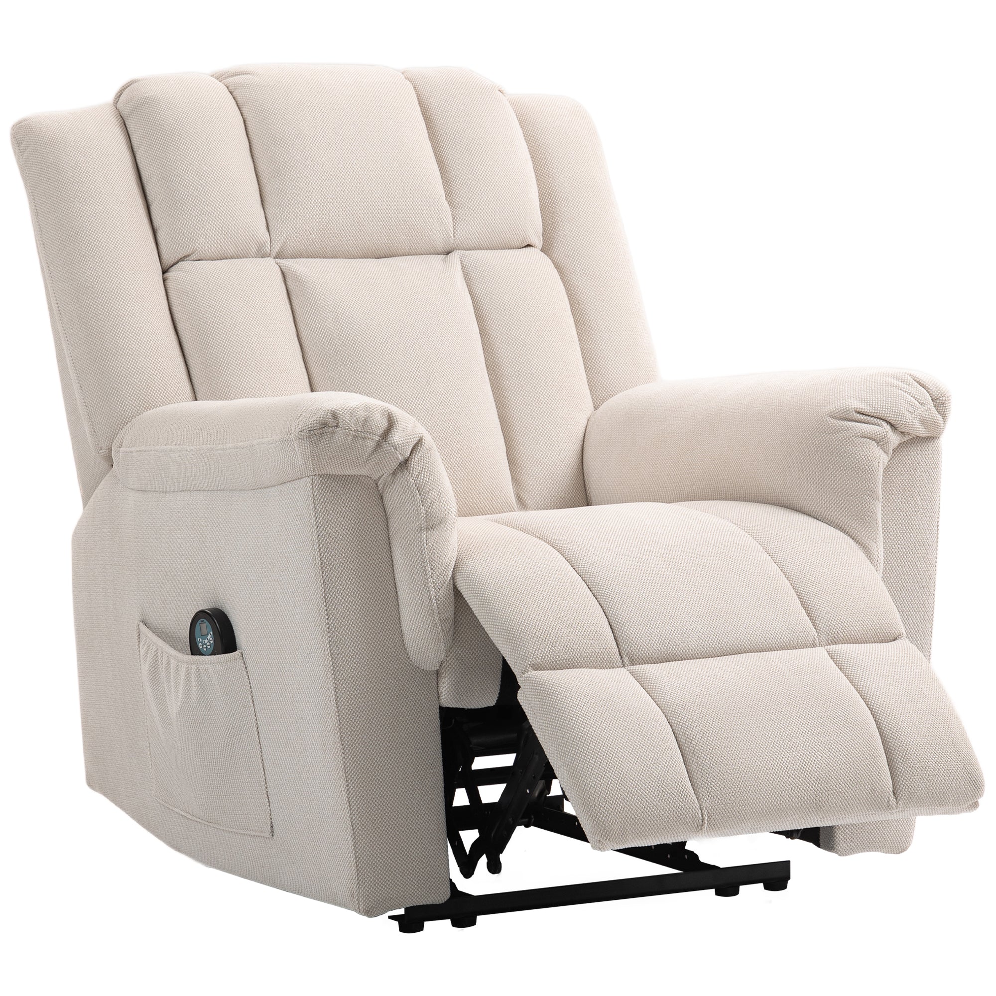 Electric Massaging and Heating Reclining Chair, Chenille Fabric Recliner with Manually Adjustable Backrest and Footrest, Side Pocket, for Bedroom, Living Room, and Home Theater, Beige