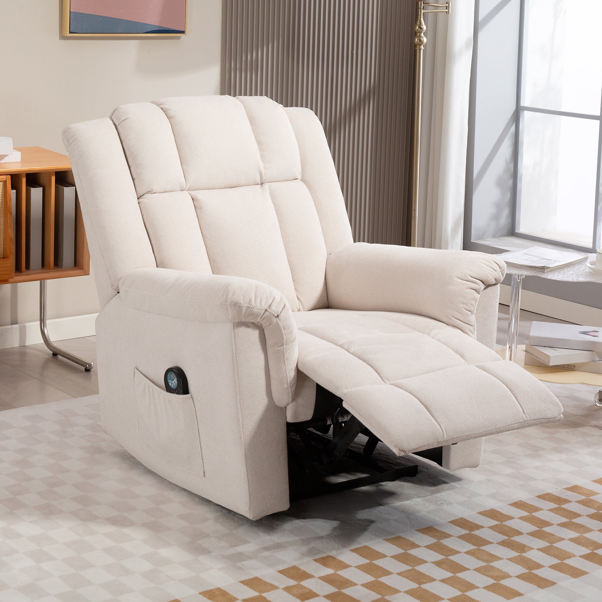 Electric Massaging and Heating Reclining Chair, Chenille Fabric Recliner with Manually Adjustable Backrest and Footrest, Side Pocket, for Bedroom, Living Room, and Home Theater, Beige