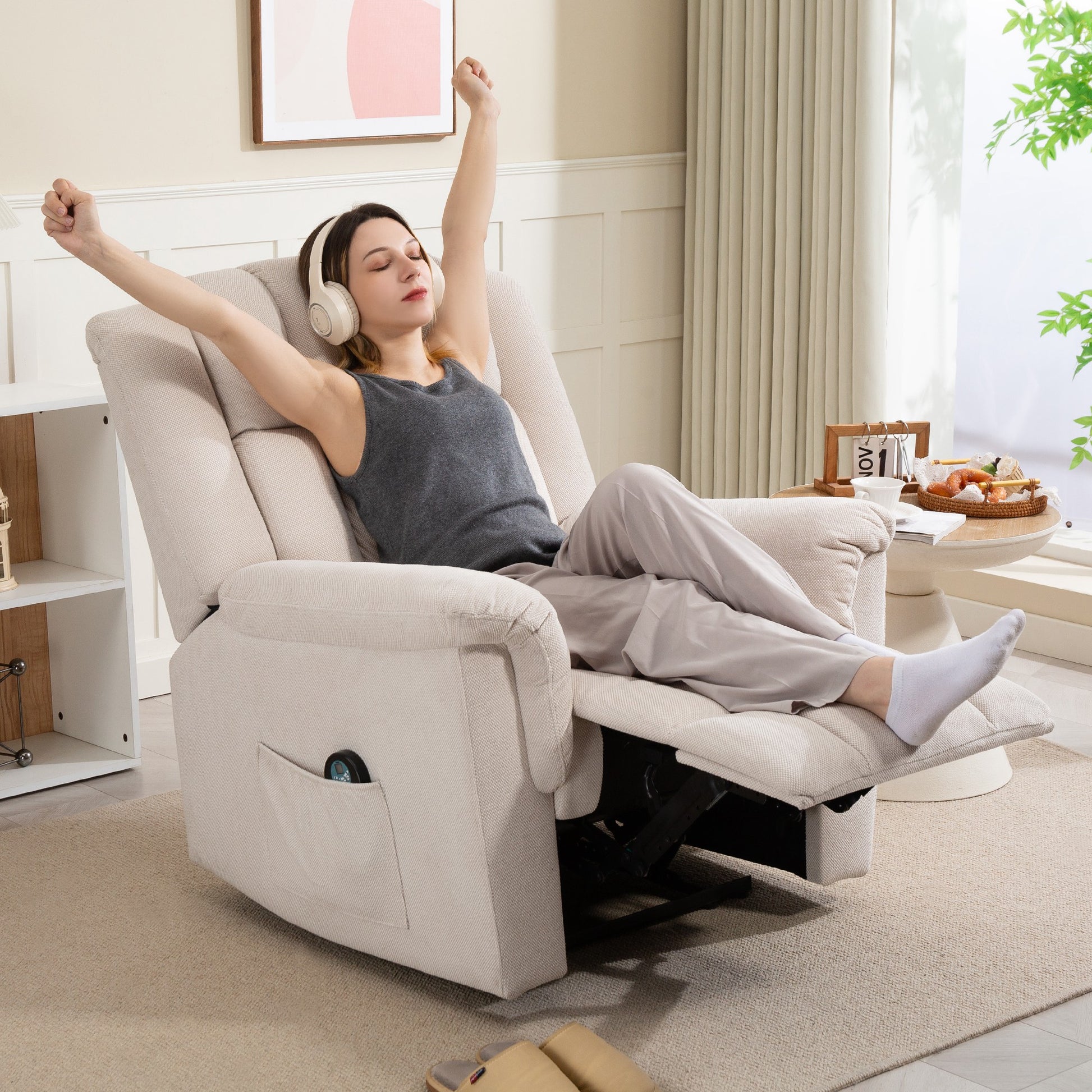 Electric Massaging and Heating Reclining Chair, Chenille Fabric Recliner with Manually Adjustable Backrest and Footrest, Side Pocket, for Bedroom, Living Room, and Home Theater, Beige