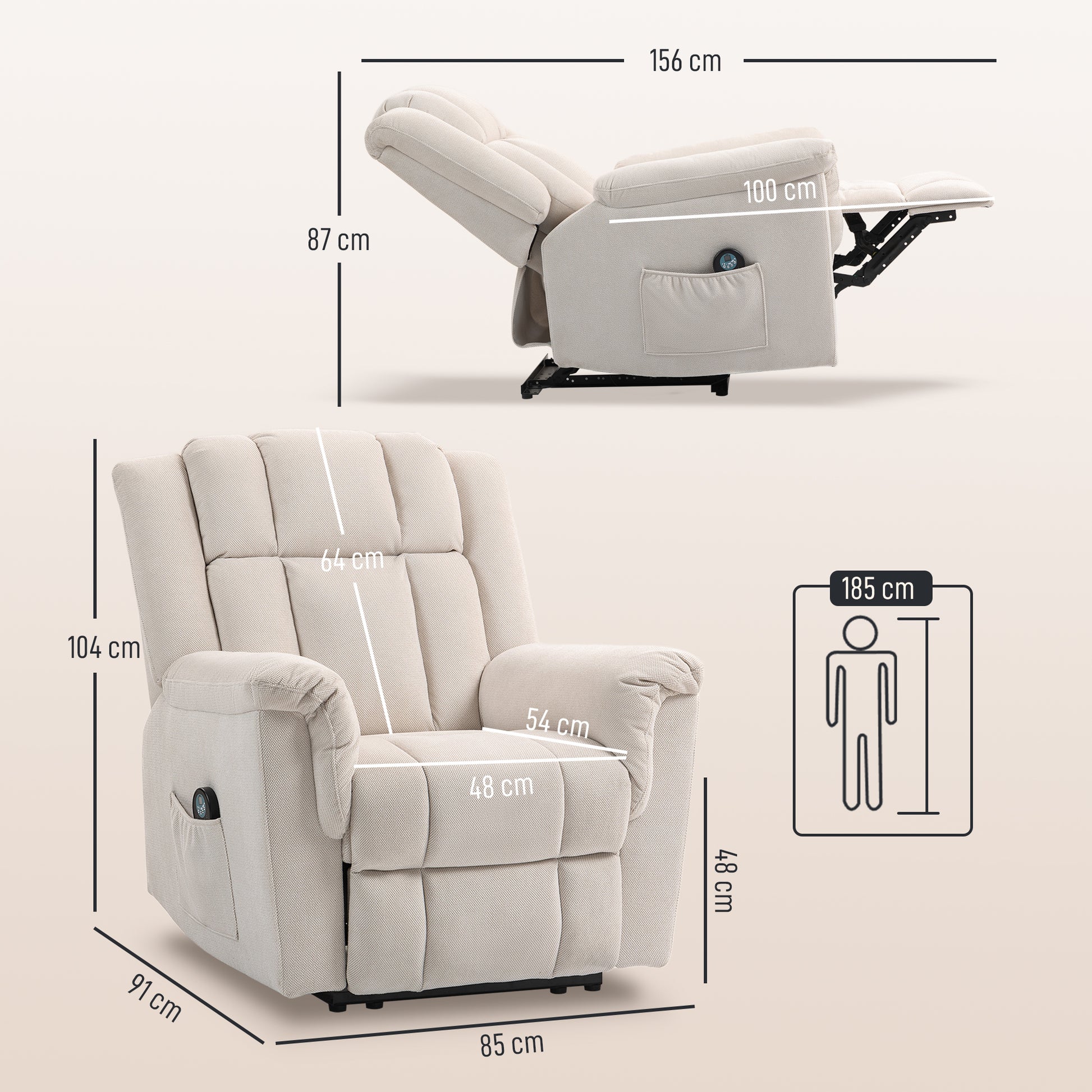 Electric Massaging and Heating Reclining Chair, Chenille Fabric Recliner with Manually Adjustable Backrest and Footrest, Side Pocket, for Bedroom, Living Room, and Home Theater, Beige