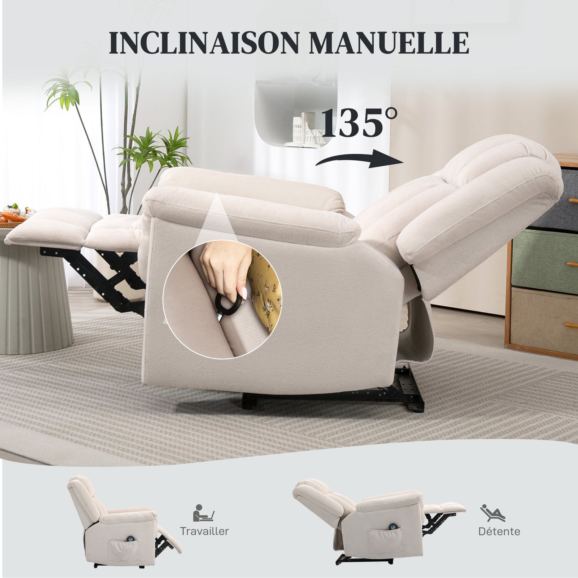 Electric Massaging and Heating Reclining Chair, Chenille Fabric Recliner with Manually Adjustable Backrest and Footrest, Side Pocket, for Bedroom, Living Room, and Home Theater, Beige
