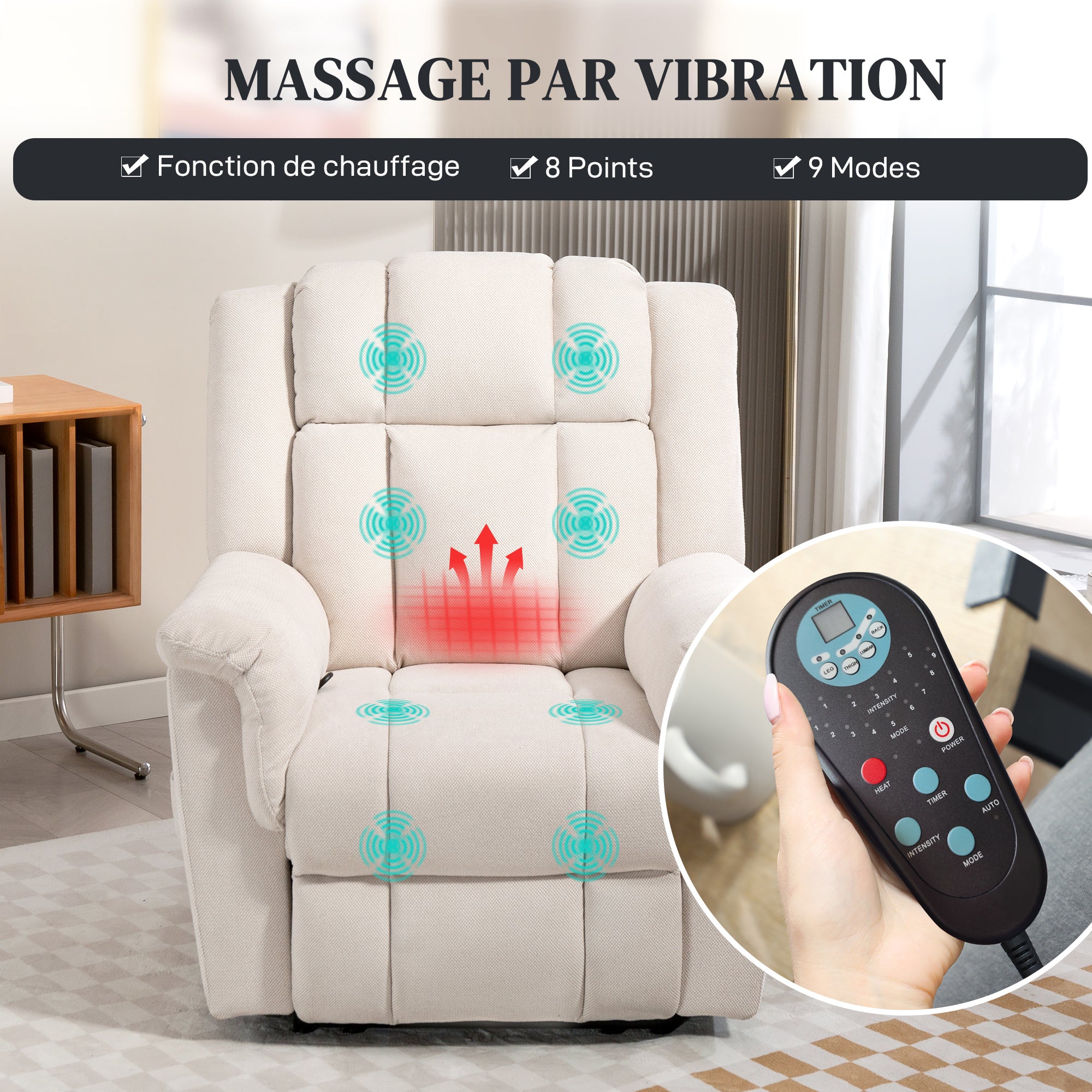 Electric Massaging and Heating Reclining Chair, Chenille Fabric Recliner with Manually Adjustable Backrest and Footrest, Side Pocket, for Bedroom, Living Room, and Home Theater, Beige