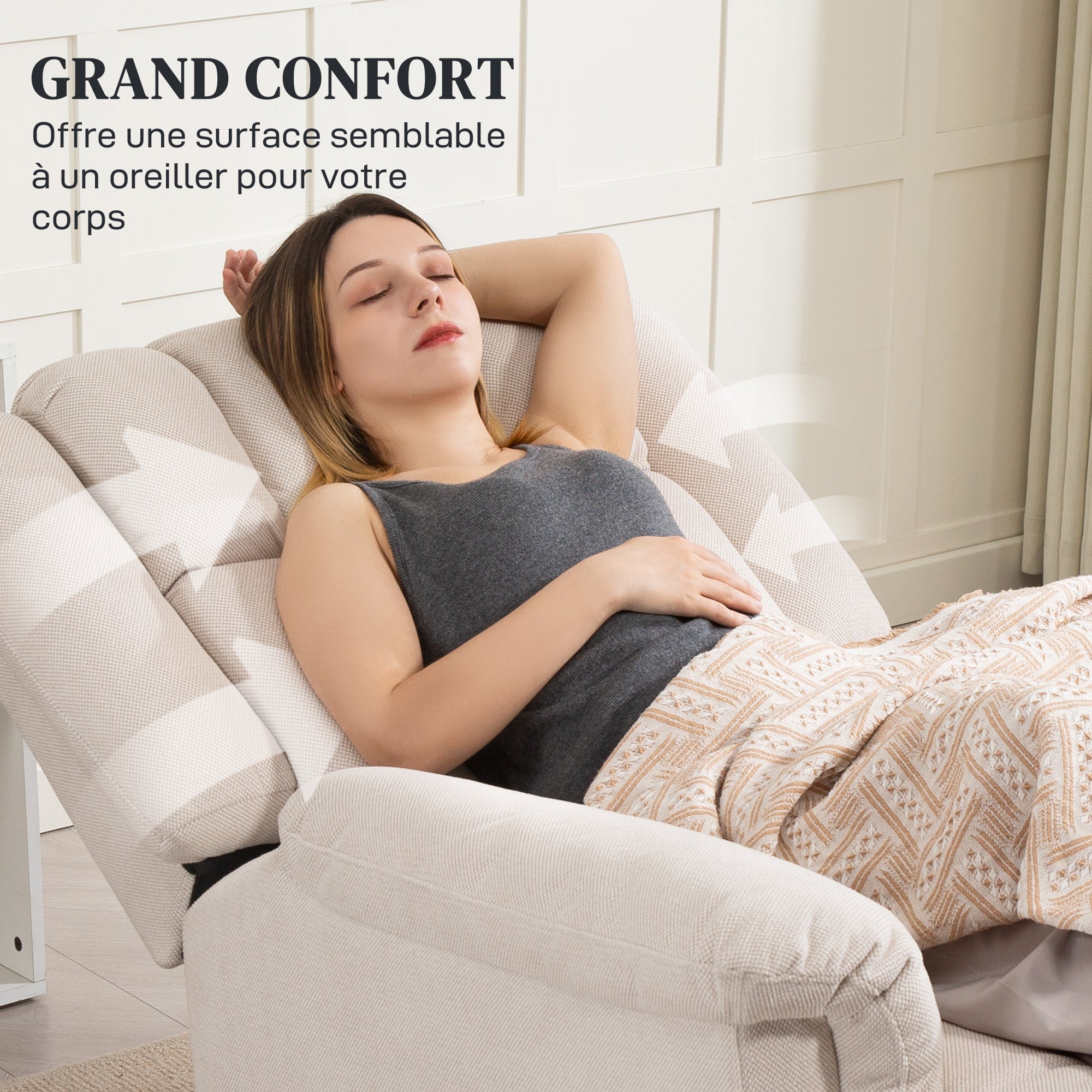 Electric Massaging and Heating Reclining Chair, Chenille Fabric Recliner with Manually Adjustable Backrest and Footrest, Side Pocket, for Bedroom, Living Room, and Home Theater, Beige
