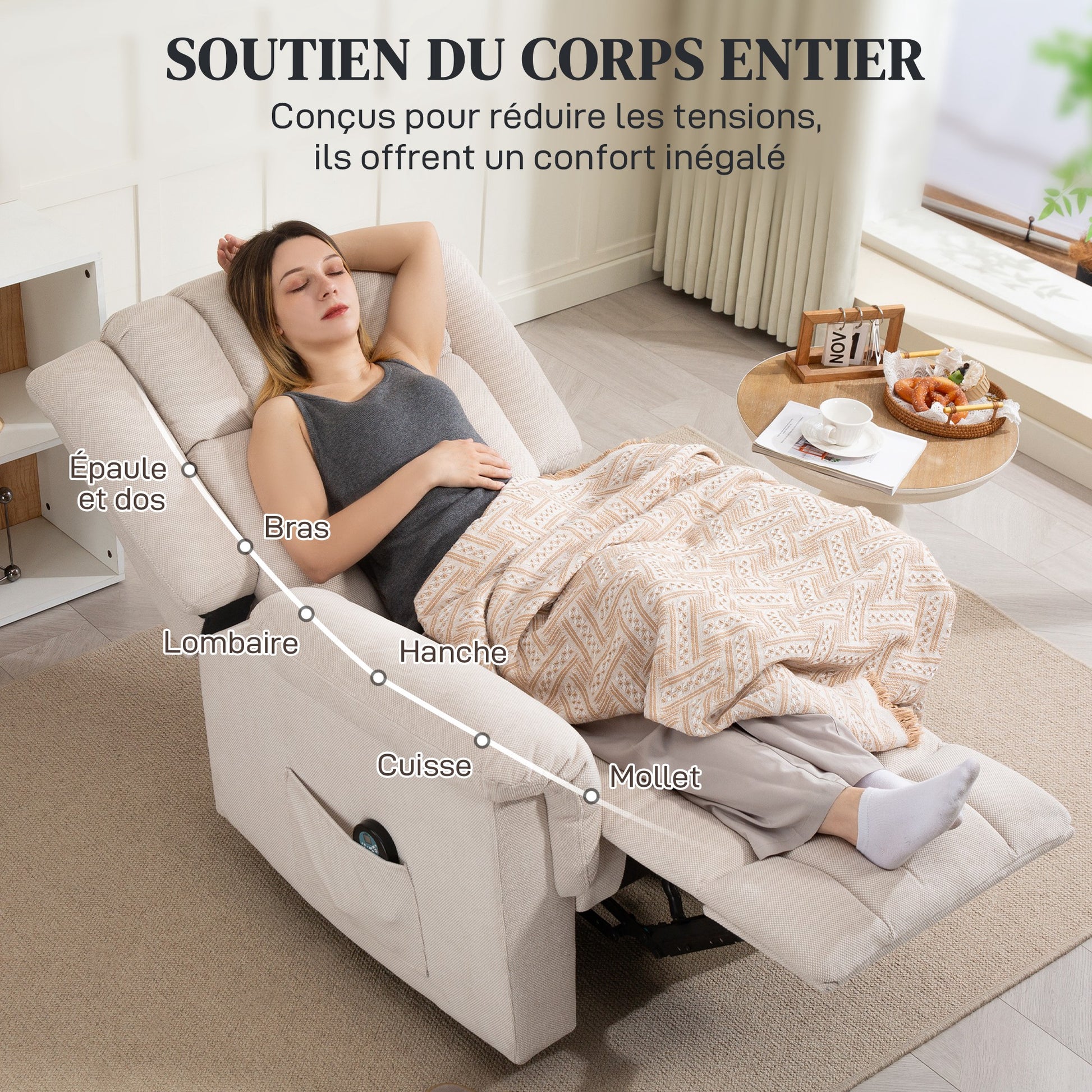 Electric Massaging and Heating Reclining Chair, Chenille Fabric Recliner with Manually Adjustable Backrest and Footrest, Side Pocket, for Bedroom, Living Room, and Home Theater, Beige