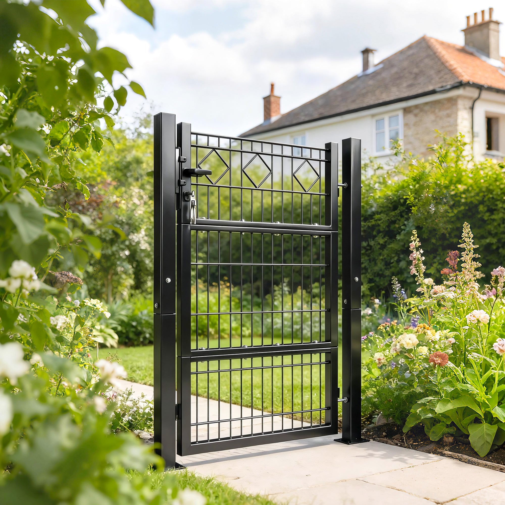 Galvanized Metal Garden Gate 39.4 x 51.6 in with Handle, Lock & 3 Keys, 2 Posts - Dark Gray