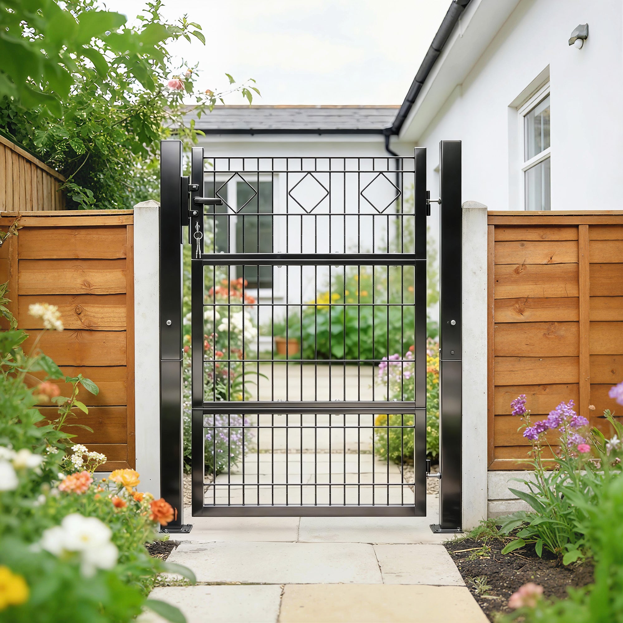 Galvanized Metal Garden Gate 39.4 x 51.6 in with Handle, Lock & 3 Keys, 2 Posts - Dark Gray