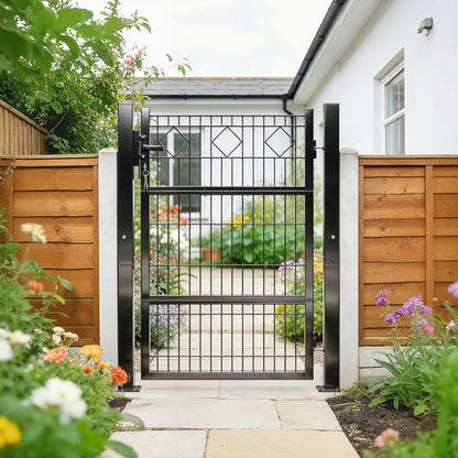 Galvanized Metal Garden Gate 39.4 x 51.6 in with Handle, Lock & 3 Keys, 2 Posts - Dark Gray