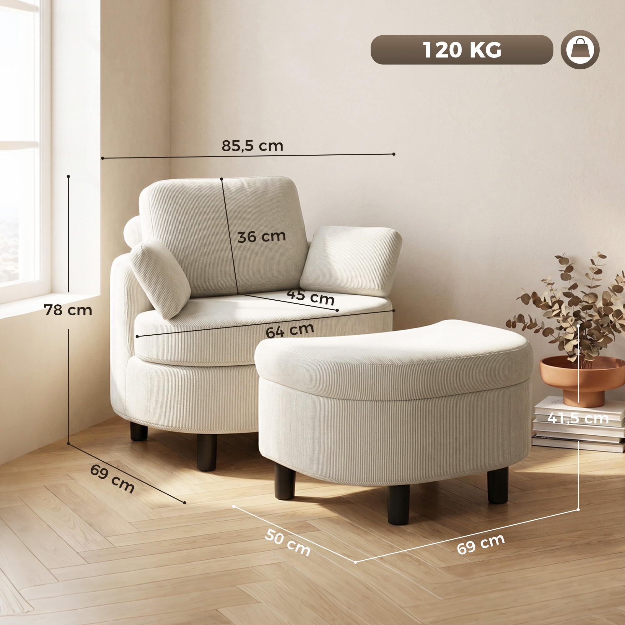 Cord Upholstered Lounge Chair with Storage Ottoman, Adjustable Headrest — Wide Relaxing Armchair for Living Room & Bedroom, Cream