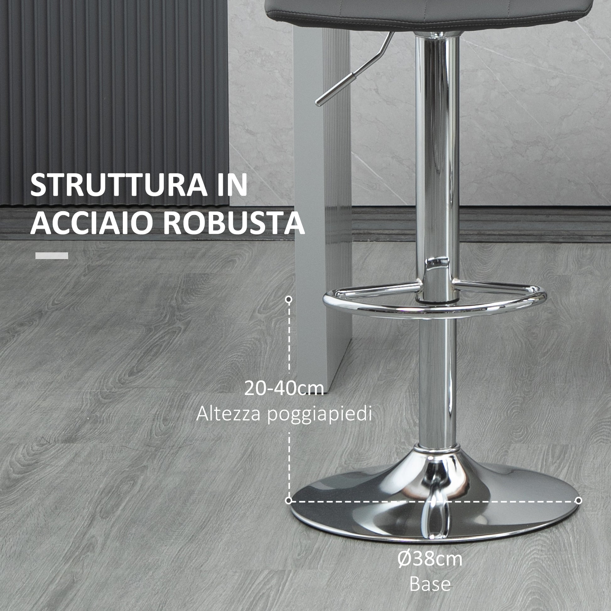 Set of 2 Faux Leather Bar Stools with Backrest, Swivel Kitchen and Living Room Stools with Footrest, 42x45x89-110cm, Gray
