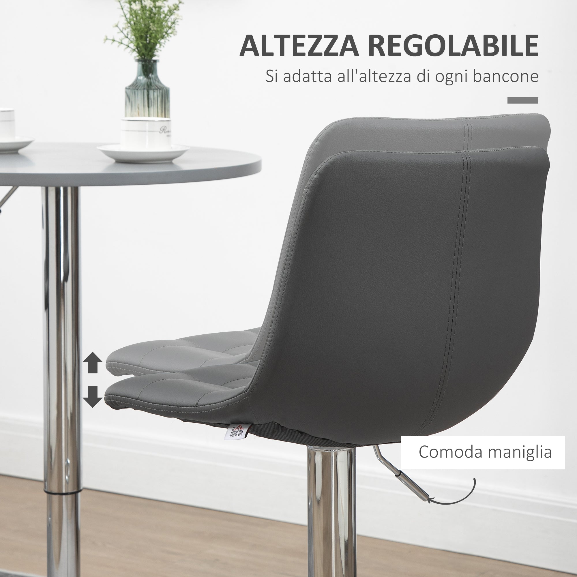 Set of 2 Faux Leather Bar Stools with Backrest, Swivel Kitchen and Living Room Stools with Footrest, 42x45x89-110cm, Gray
