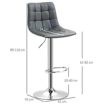 Set of 2 Faux Leather Bar Stools with Backrest, Swivel Kitchen and Living Room Stools with Footrest, 42x45x89-110cm, Gray