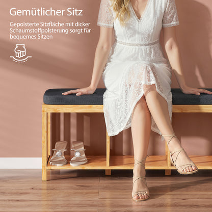 Bamboo Shoe Bench with Padded Seat and Open Shelf for Hallway & Entryway, 40.2 x 13.0 x 17.7 in, Natural Wood