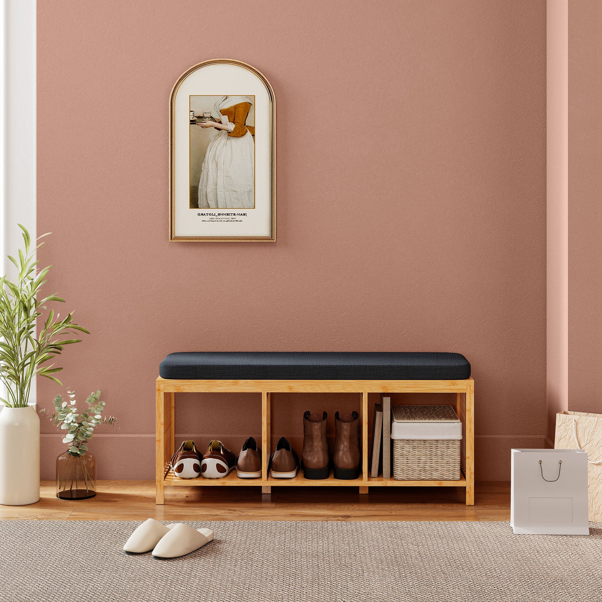 Bamboo Shoe Bench with Padded Seat and Open Shelf for Hallway & Entryway, 40.2 x 13.0 x 17.7 in, Natural Wood