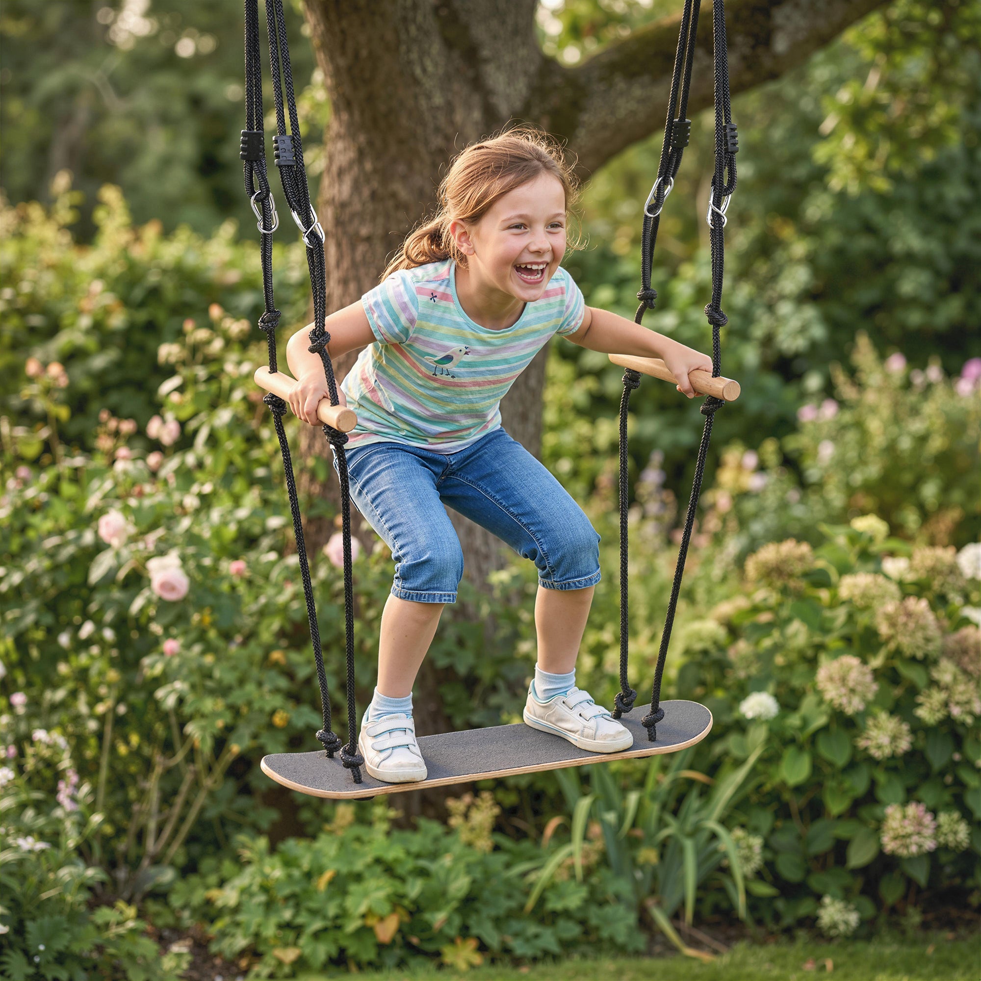 Skateboard-Style Kids Swing — Adjustable Height, Non-Slip Deck, Weatherproof Rope & Handles, Holds up to 220 lb (100 kg), Ages 3+